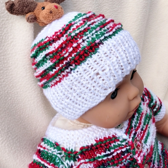 Baby Christmas One Piece Onzie Hand Crafted Reindeer Hat Knit Red Green White - Picture 5 of 16